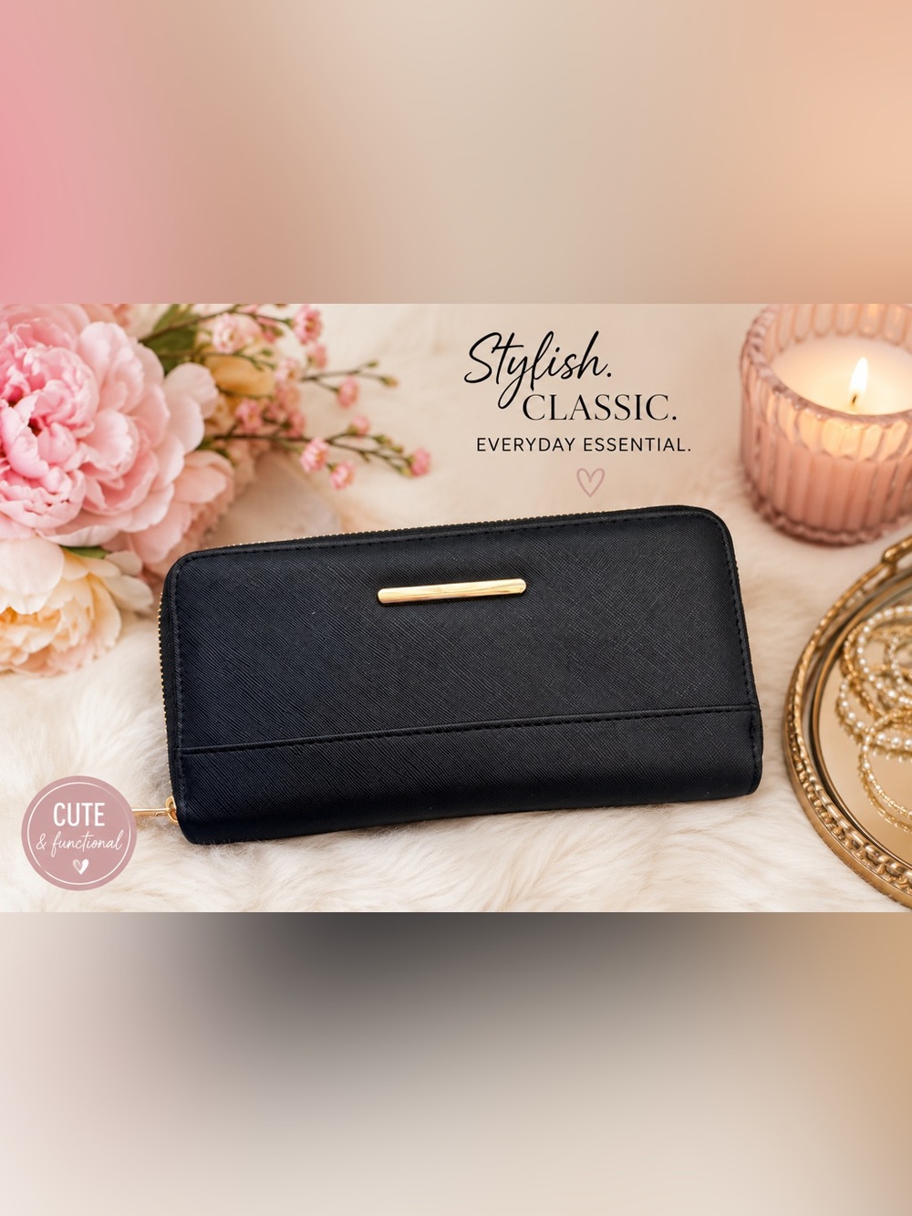 Black Zip Around Wallet | Gold Hardware | Everyday Essential